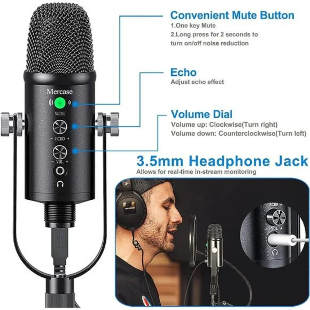 USB Microphone for Mac,PC,Phone Mic for Sing,ASMR,Podcast with Mute Button